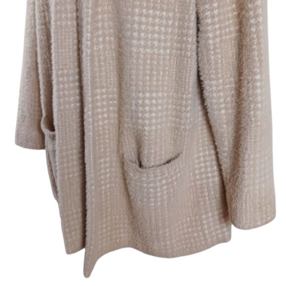 J.Jill Wearever Tan White Fuzzy Plaid Open Cardigan Sweater Jacket M Soft Wrap - Picture 4 of 8